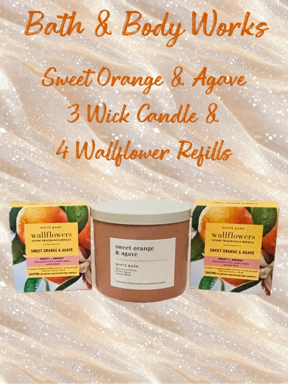 White Barn Set! Sweet Orange & Agave 3 Wick Candle & 4 Wallflowers- NEW